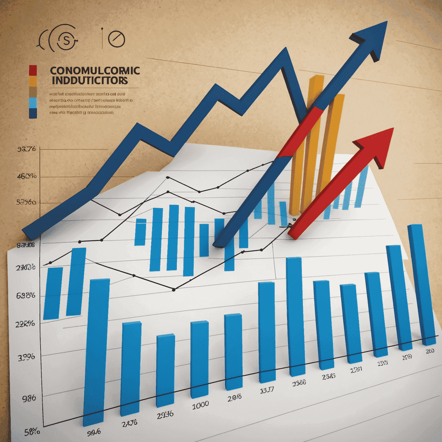 A graph showing various economic indicators and trends, with arrows pointing up and down to represent global economic fluctuations