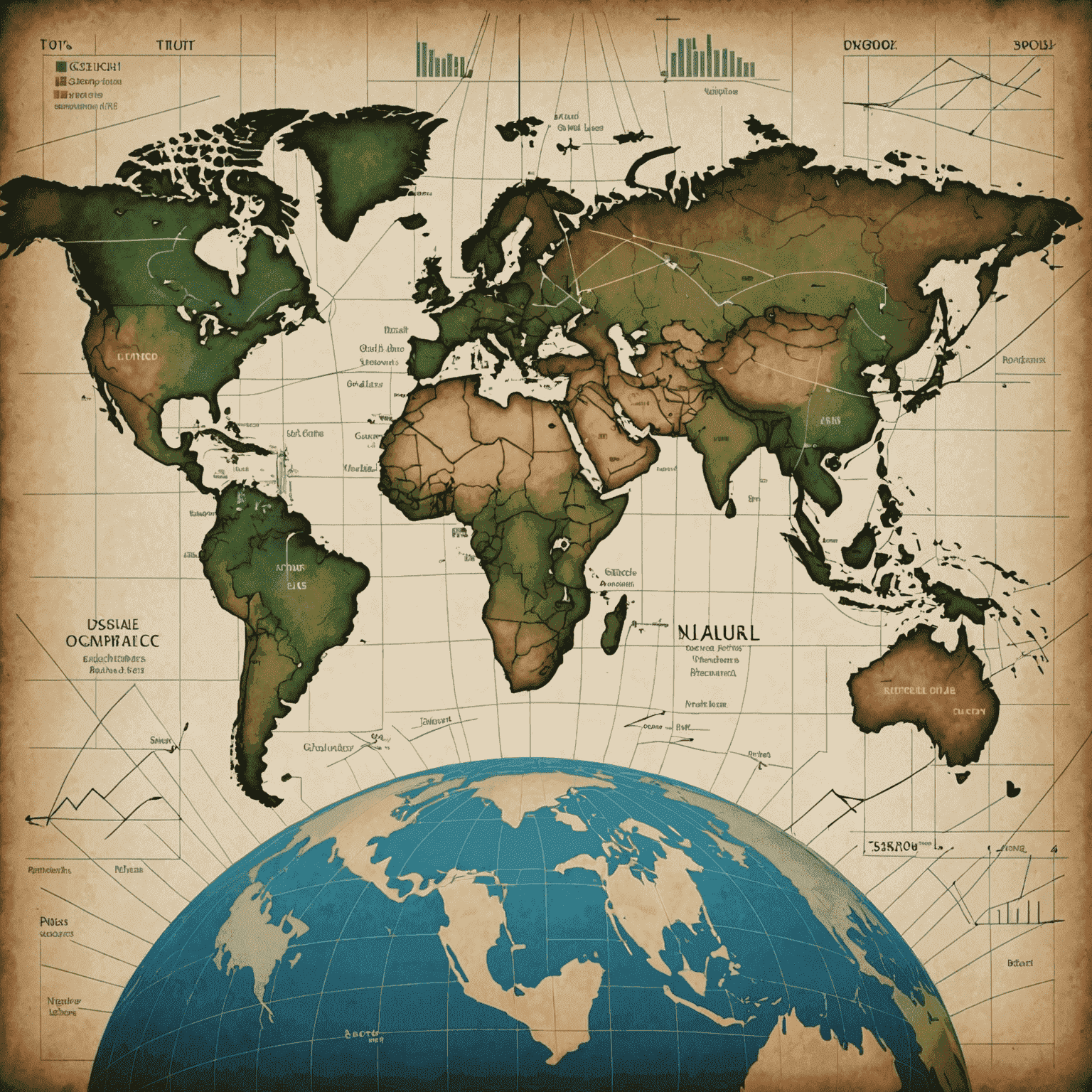 A world map overlaid with financial charts and arrows indicating global economic flows