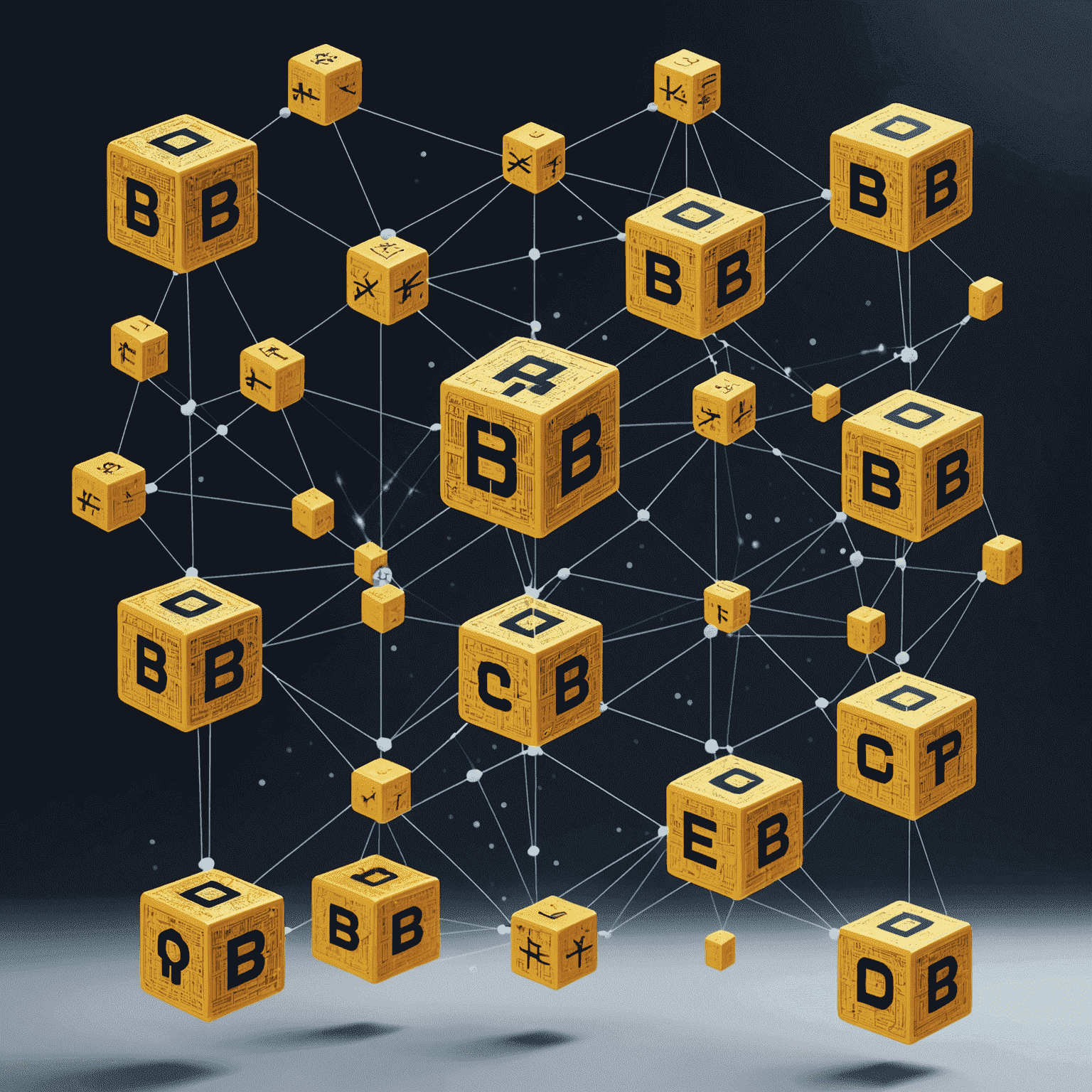 A visual representation of blockchain technology in finance, showing interconnected blocks with financial symbols and data flowing between them