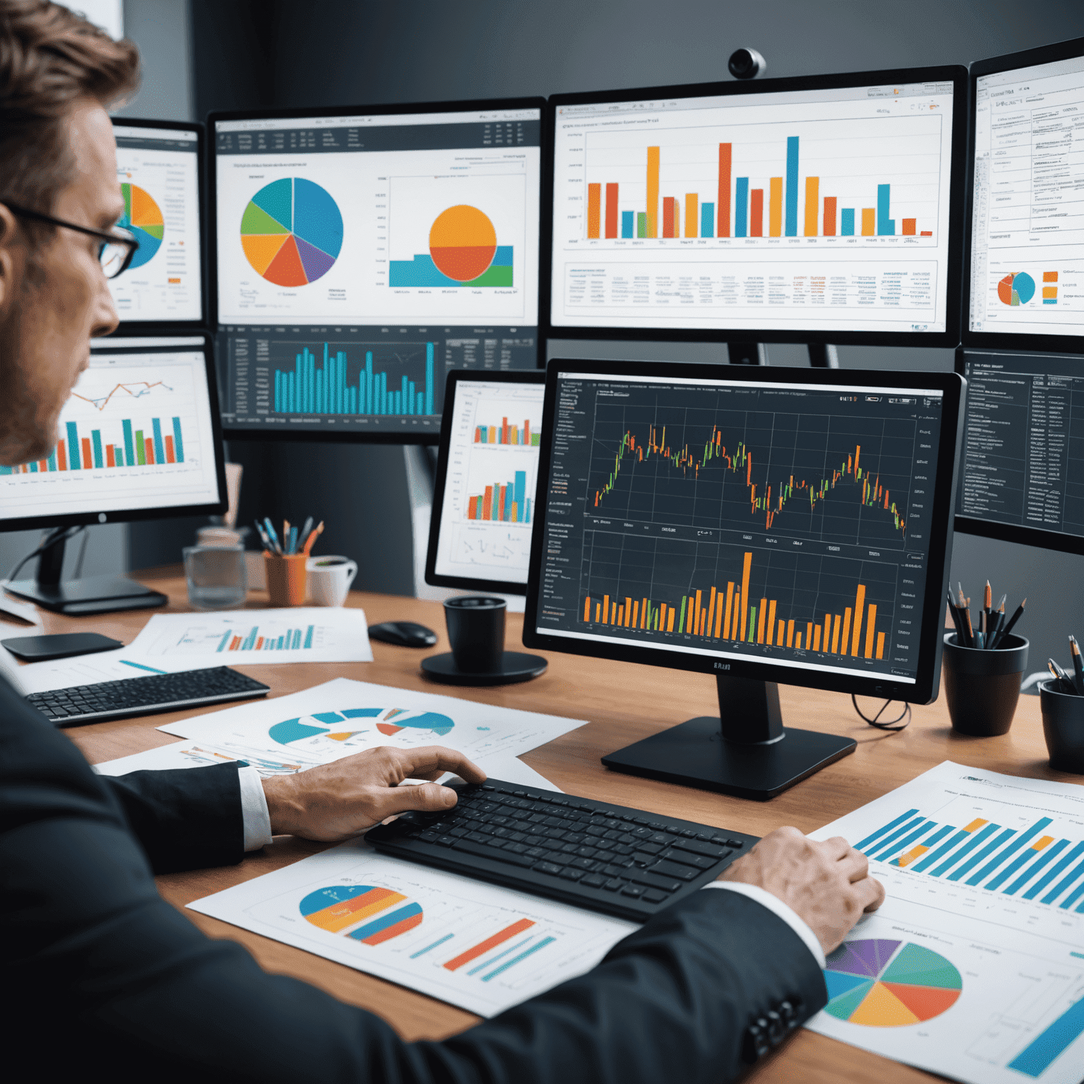 A professional analyzing financial charts and graphs on a computer screen, surrounded by financial reports and documents.