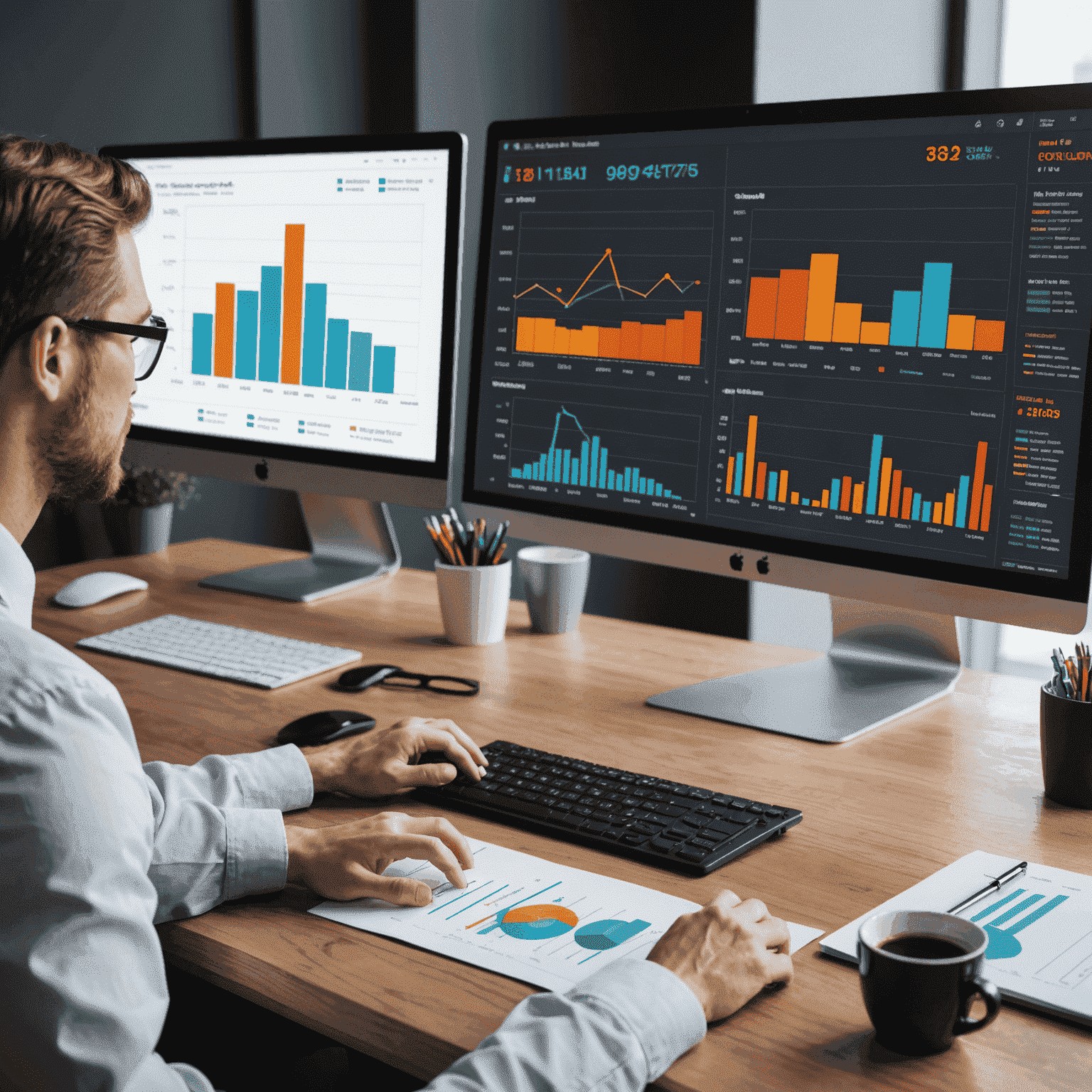 Illustration showing financial charts, graphs, and a professional analyzing data on a computer screen