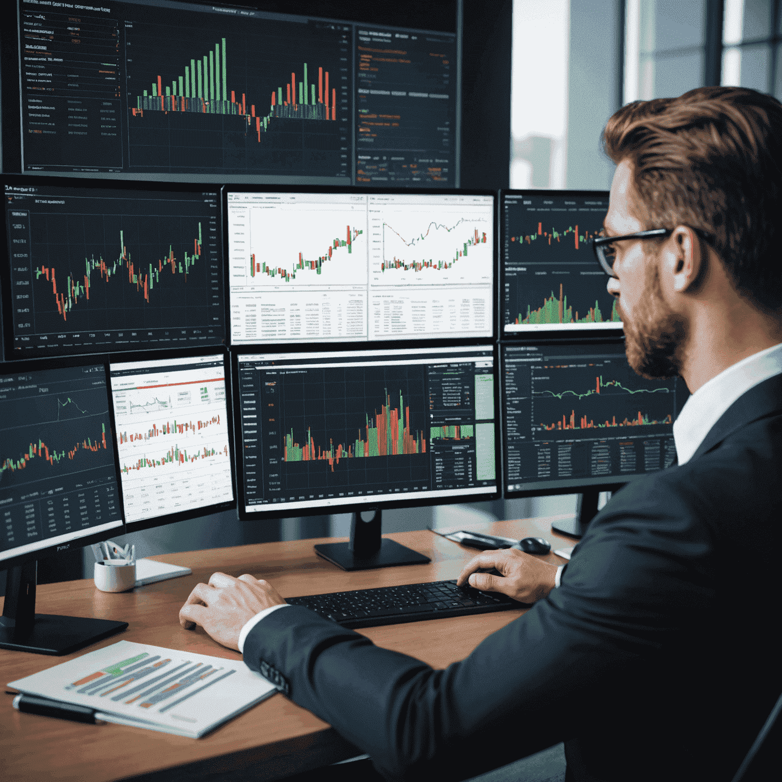 A professional financial analyst examining various investment charts and graphs on multiple screens, showcasing diverse portfolio options