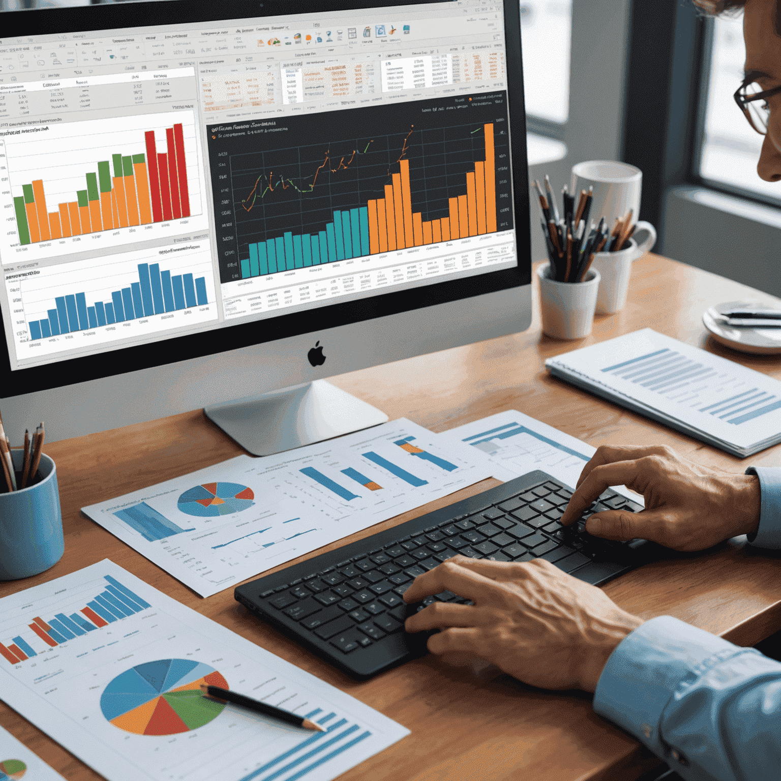 A professional financial analyst working on budgeting and forecasting charts and graphs on a computer screen. The image shows various colorful financial projections and spreadsheets.