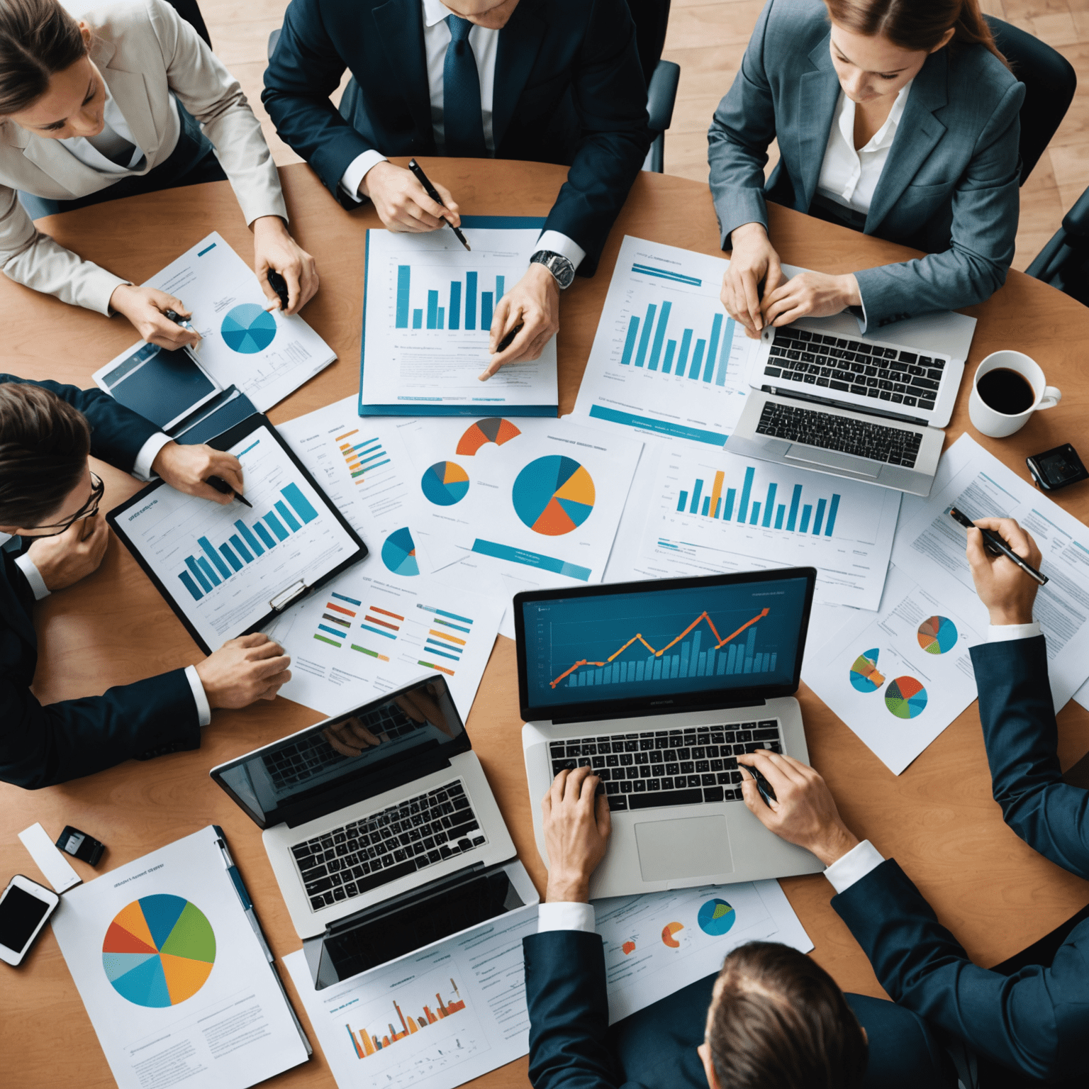 A professional team analyzing financial documents and charts to determine the value of a business. The image shows people in business attire gathered around a table with laptops, calculators, and various financial reports.