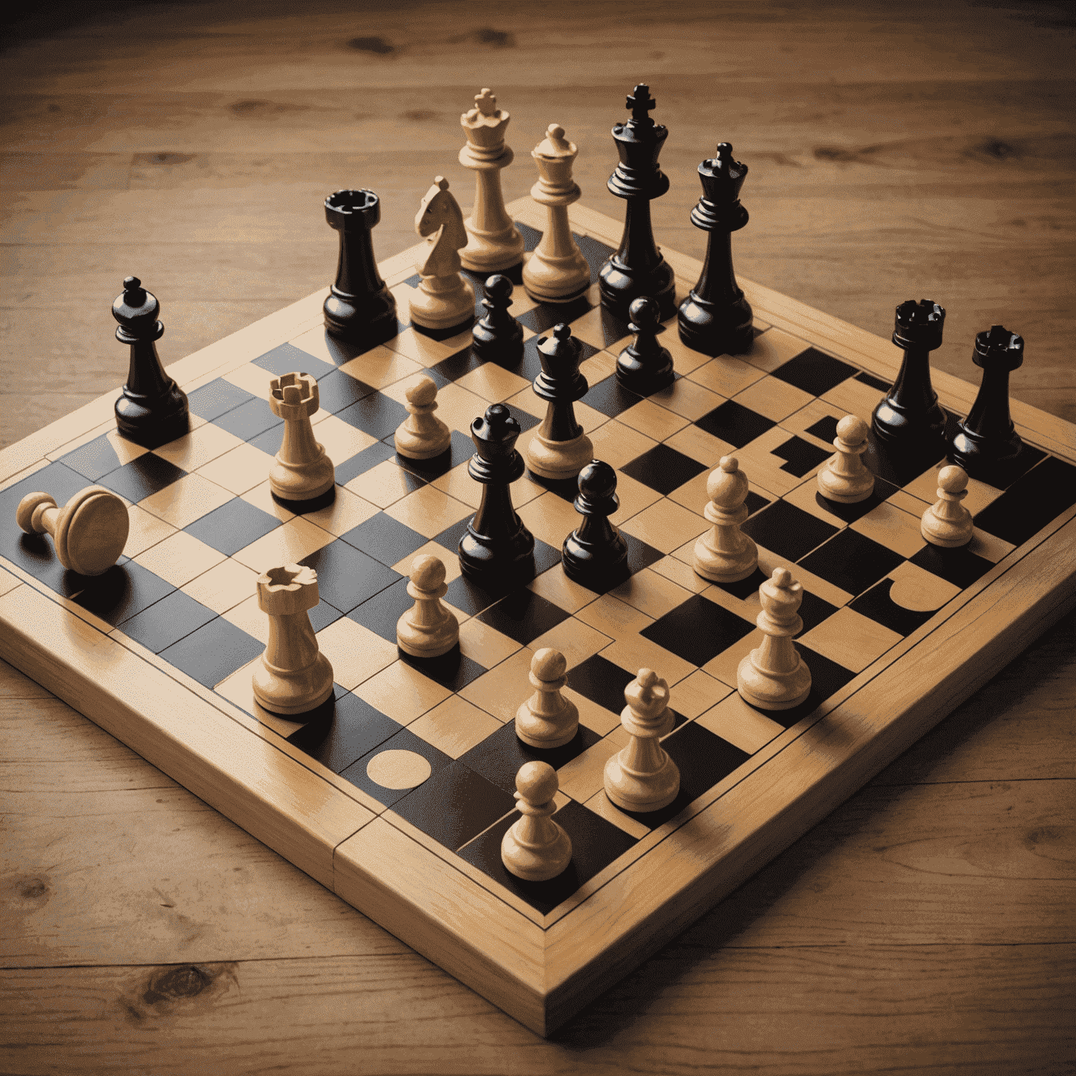 A chessboard with financial symbols as pieces, representing different investment strategies