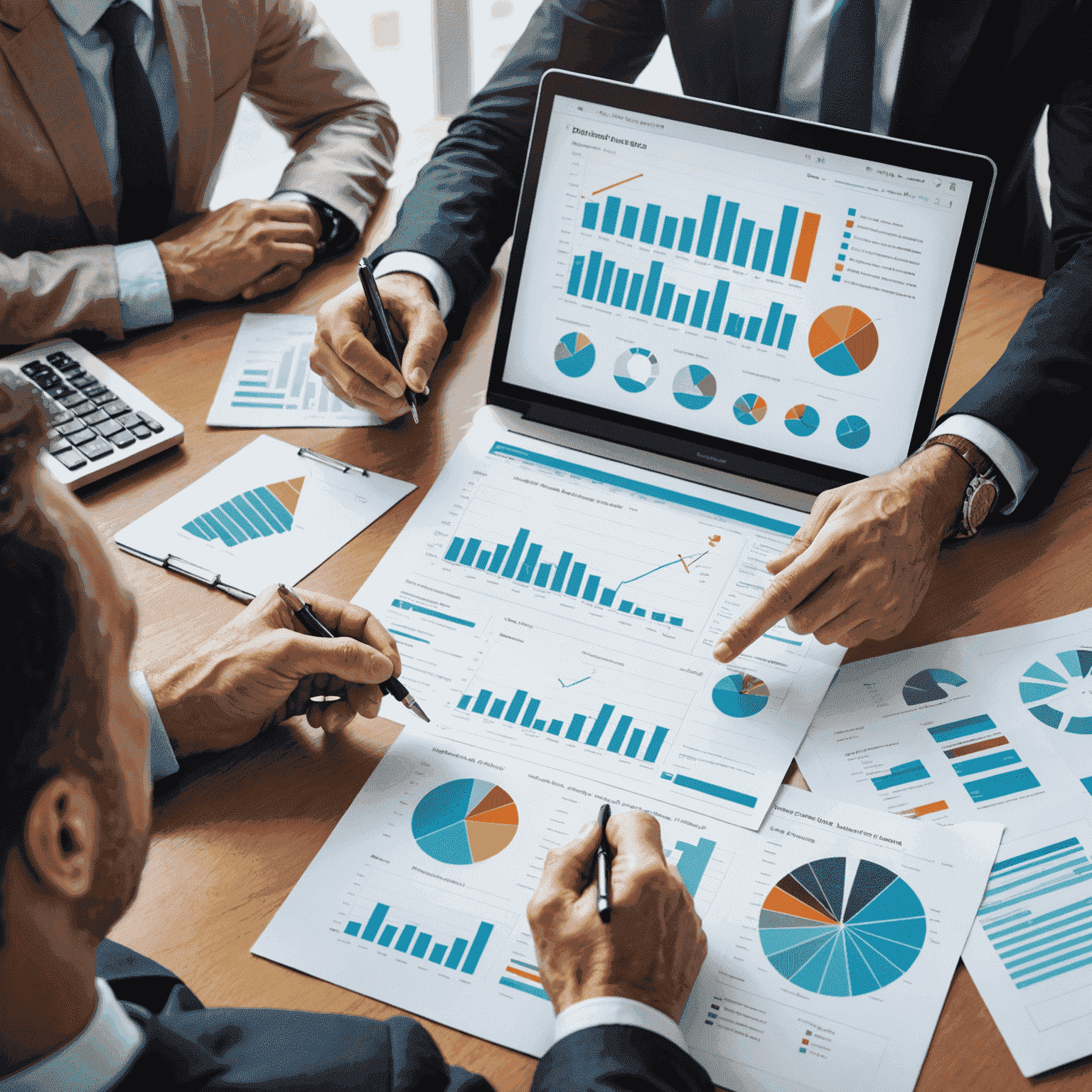 A consultant discussing investment strategies with clients, pointing at diversified portfolio charts and global market trends.