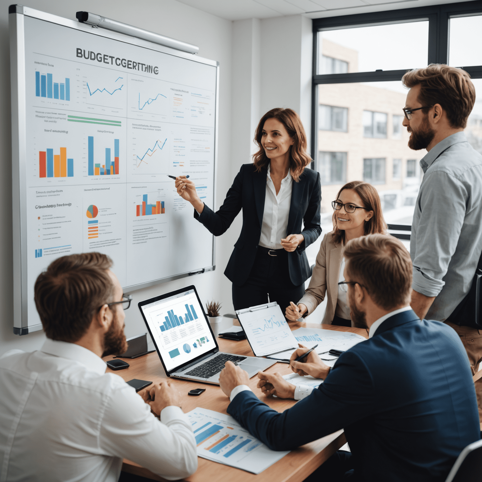 A team of professionals collaborating on creating an effective budgeting system. The image shows a whiteboard with financial diagrams and people discussing strategies.