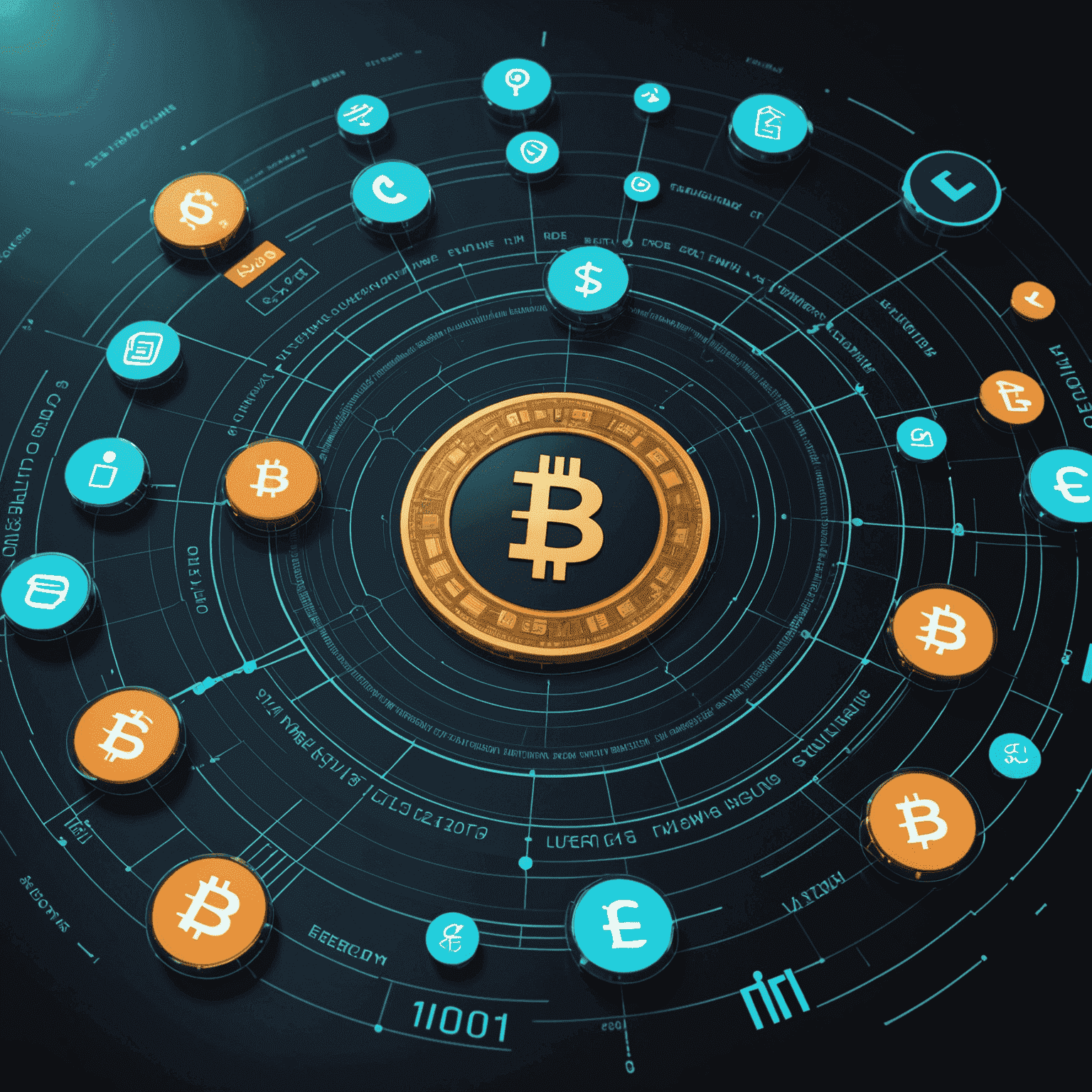 A futuristic interface showing various financial apps and digital currency symbols